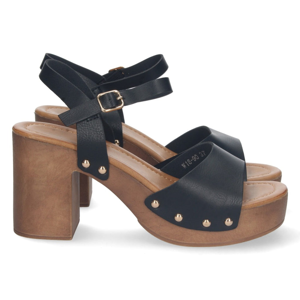 Sandalias Negras Mujer Tacón Plataforma Madera Remaches