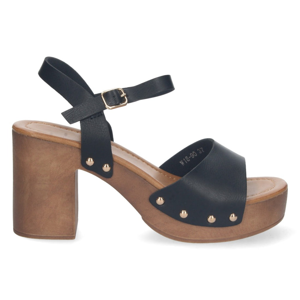 Sandalias Negras Mujer Tacón Plataforma Madera Remaches