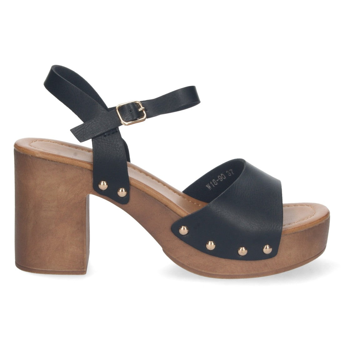 Sandalias Negras Mujer Tacón Plataforma Madera Remaches