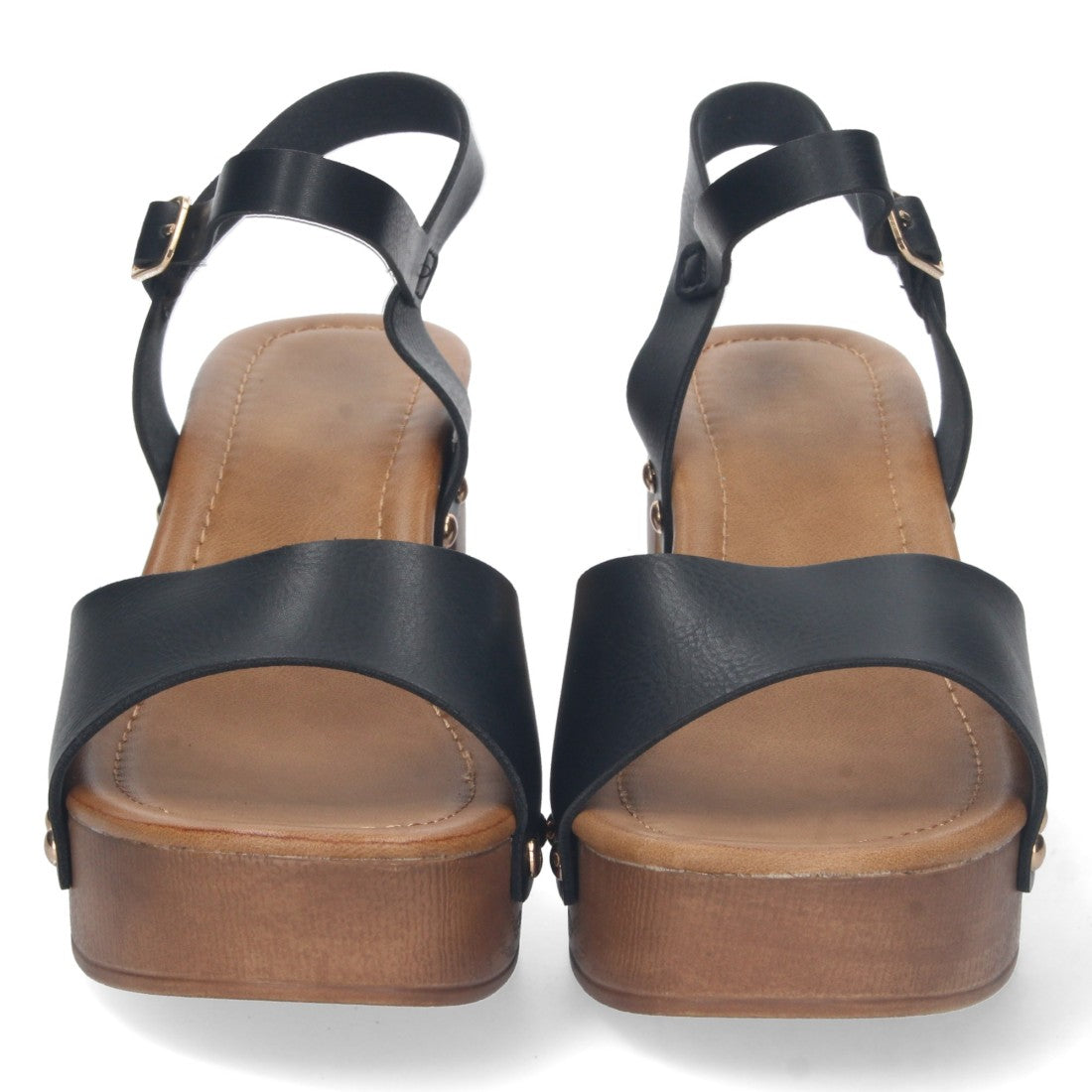 Sandalias Negras Mujer Tacón Plataforma Madera Remaches