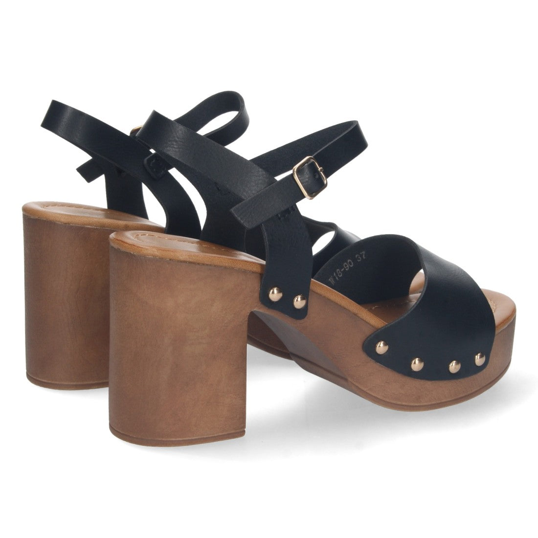 Sandalias Negras Mujer Tacón Plataforma Madera Remaches