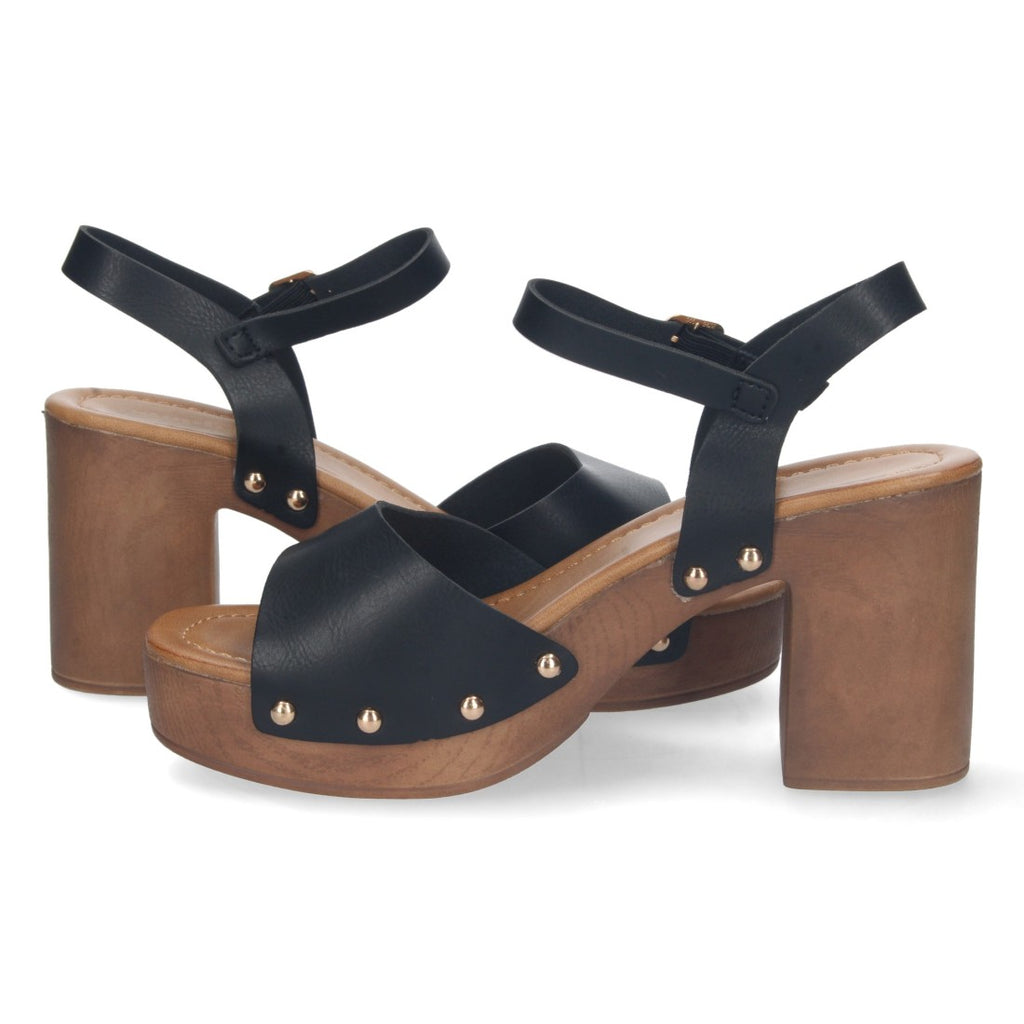 Sandalias Negras Mujer Tacón Plataforma Madera Remaches
