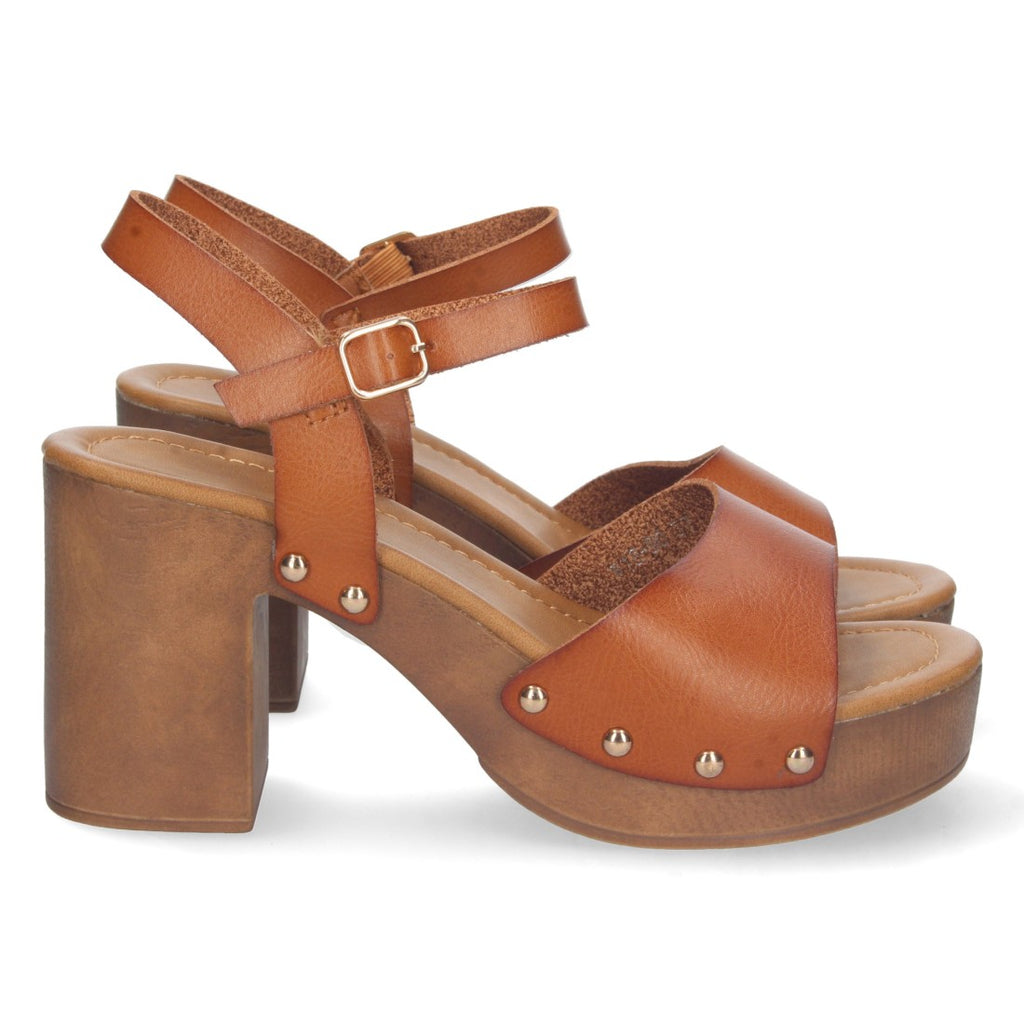 Sandalias Camel Mujer Tacón Plataforma Madera Remaches