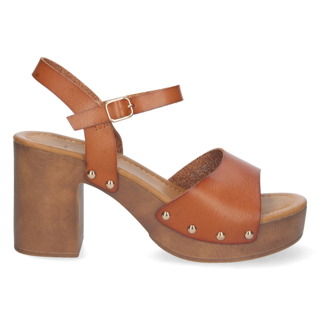 Sandalias Camel Mujer Tacón Plataforma Madera Remaches