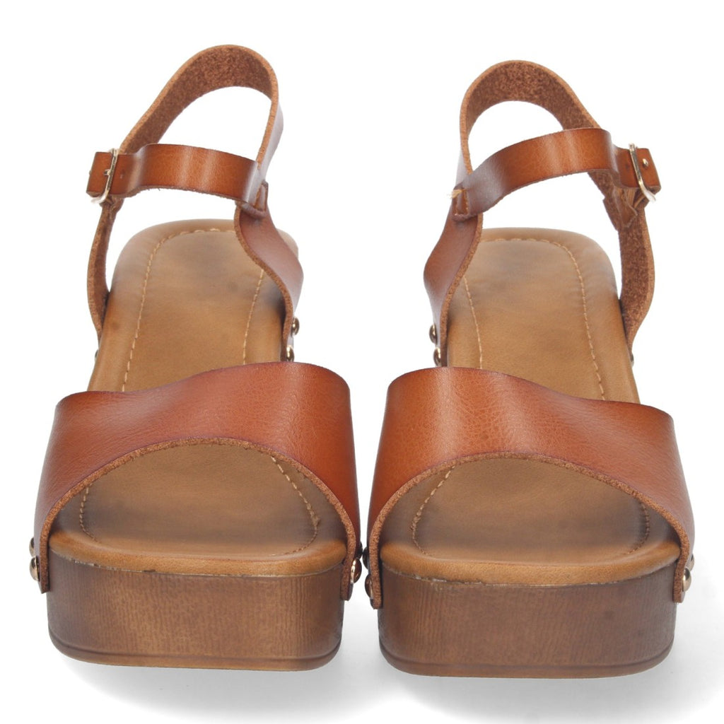 Sandalias Camel Mujer Tacón Plataforma Madera Remaches
