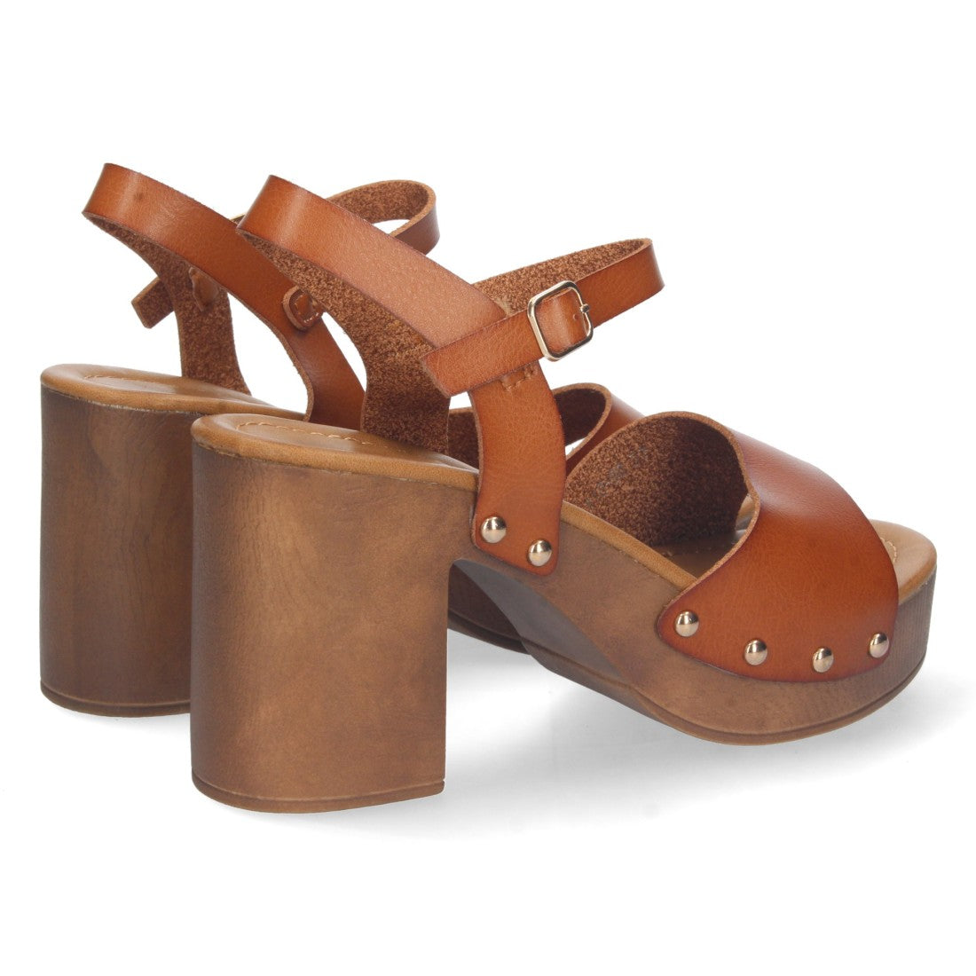 Sandalias Camel Mujer Tacón Plataforma Madera Remaches
