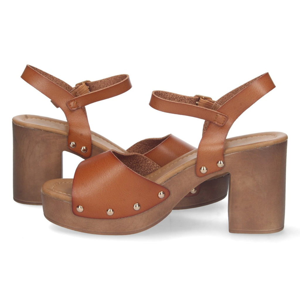 Sandalias Camel Mujer Tacón Plataforma Madera Remaches