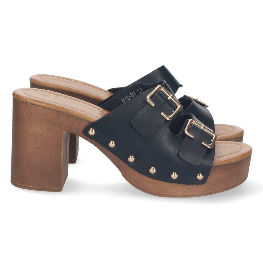 Sandalias Negras Mujer Tacón Madera Palas Hebillas Remaches