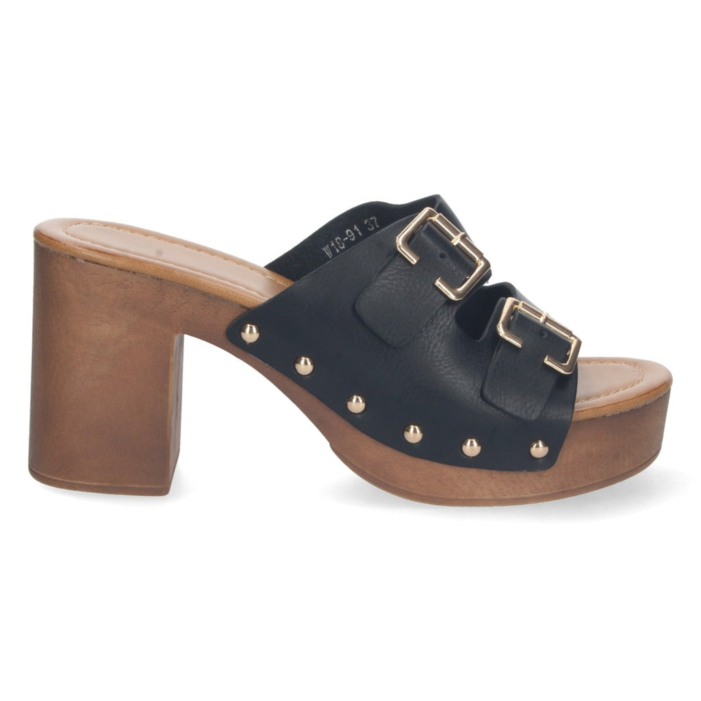 Sandalias Negras Mujer Tacón Madera Palas Hebillas Remaches