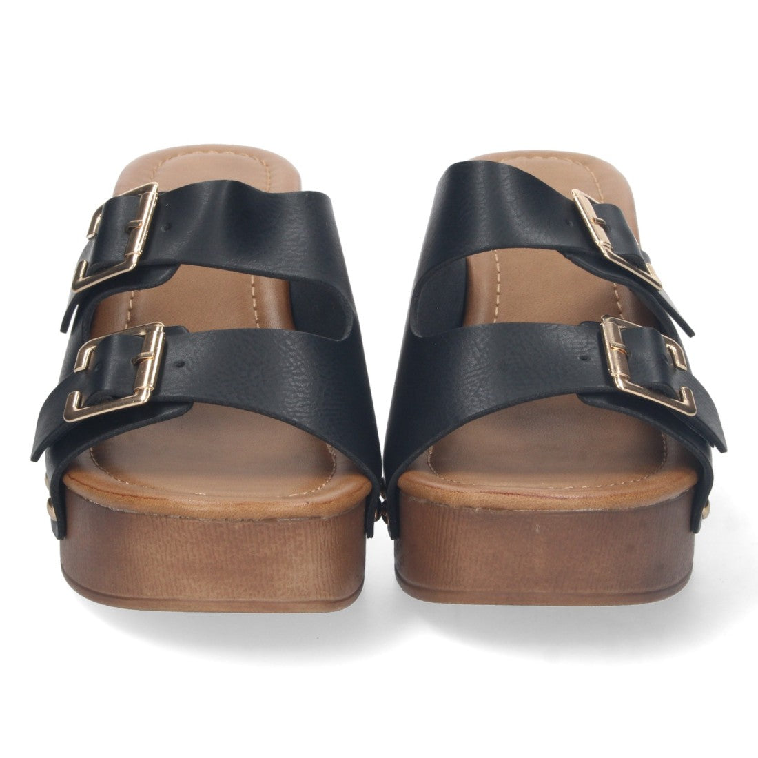 Sandalias Negras Mujer Tacón Madera Palas Hebillas Remaches