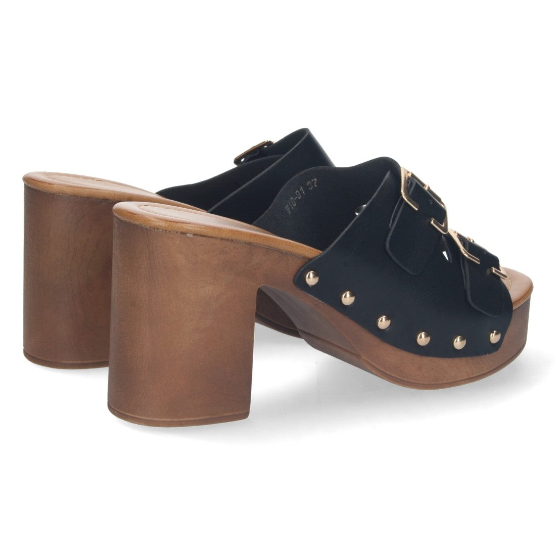 Sandalias Negras Mujer Tacón Madera Palas Hebillas Remaches