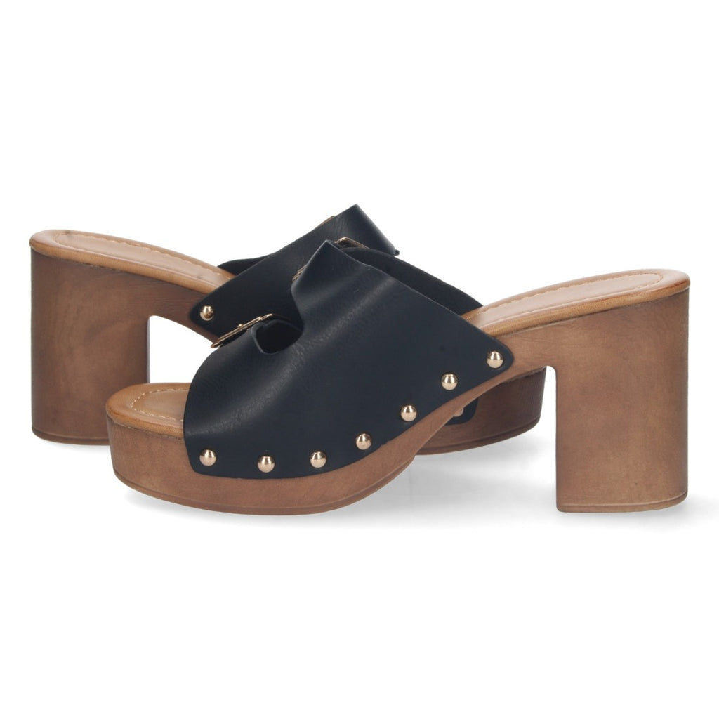 Sandalias Negras Mujer Tacón Madera Palas Hebillas Remaches