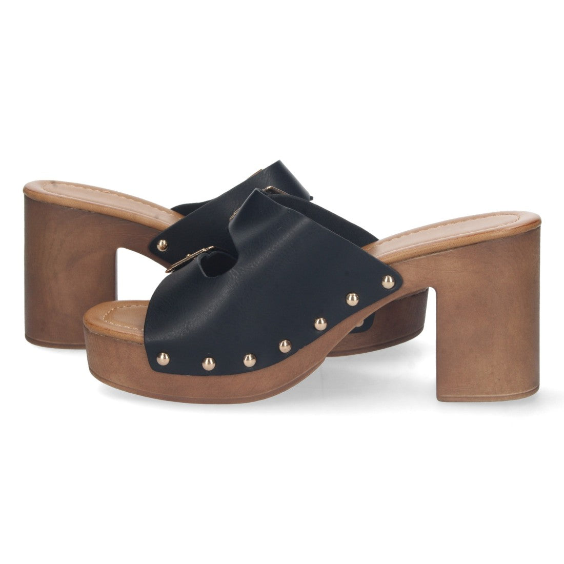 Sandalias Negras Mujer Tacón Madera Palas Hebillas Remaches