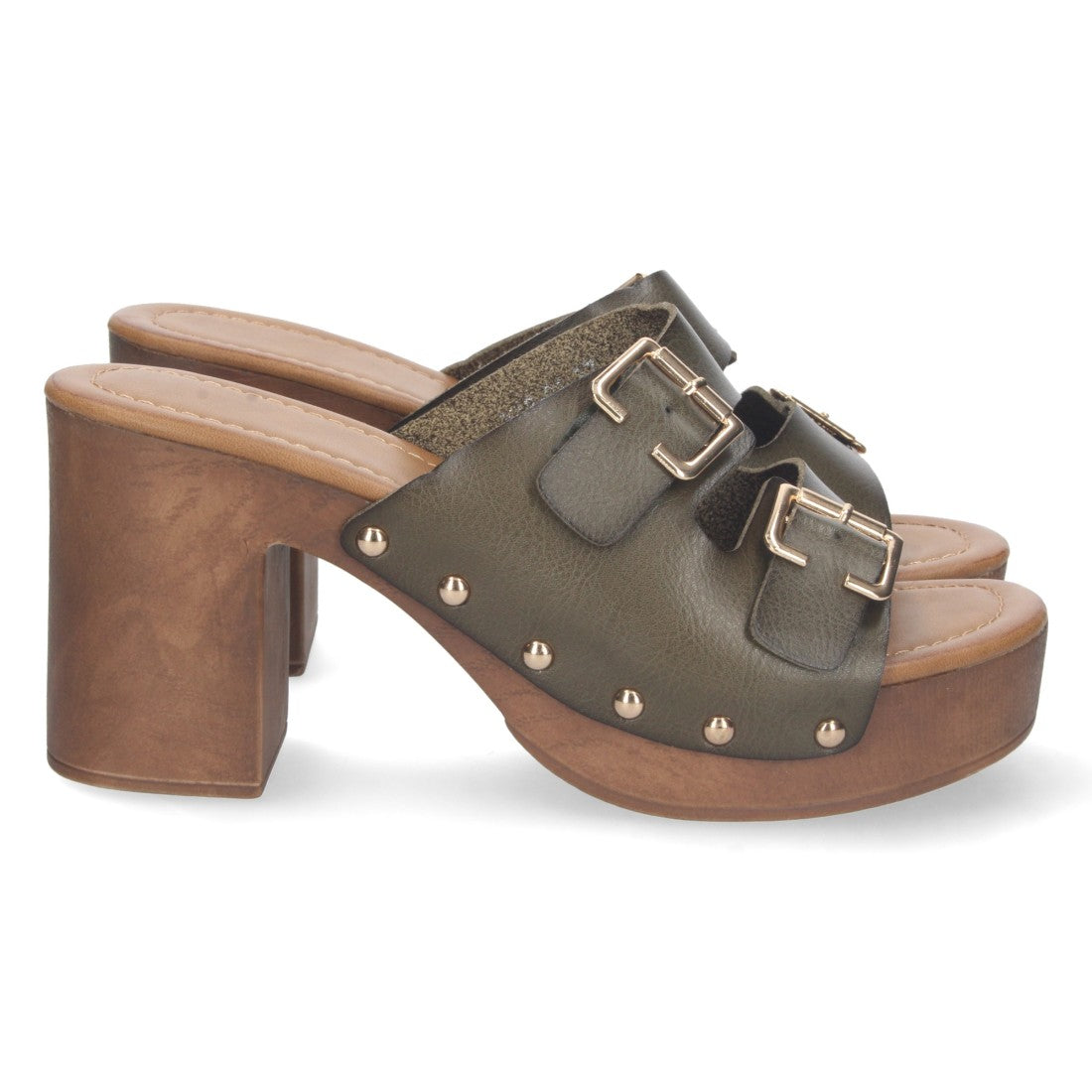 Sandalias Verdes Mujer Tacón Madera Palas Hebillas Remaches