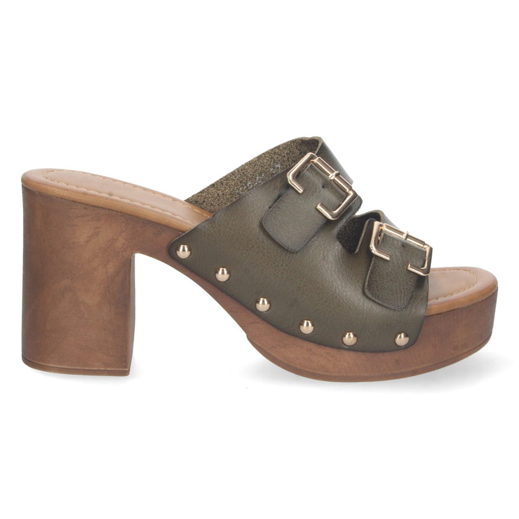 Sandalias Verdes Mujer Tacón Madera Palas Hebillas Remaches