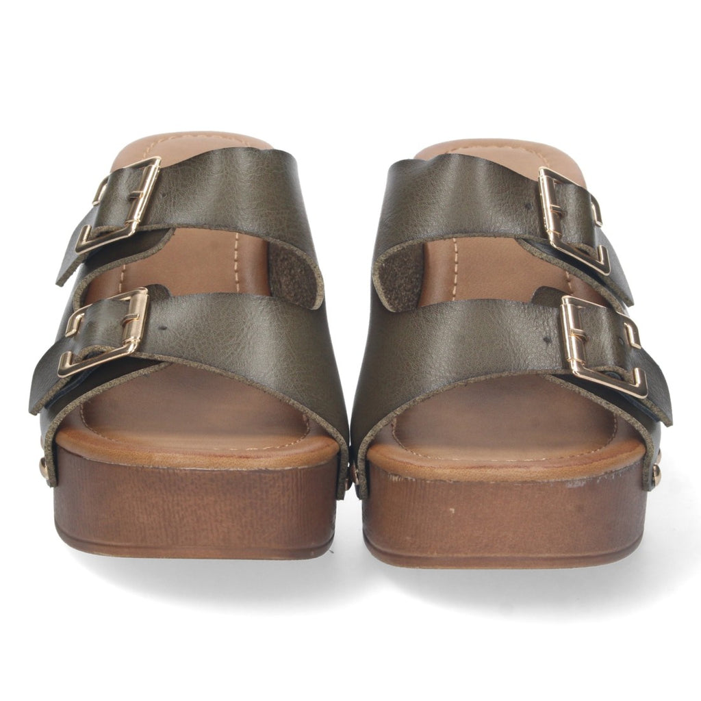Sandalias Verdes Mujer Tacón Madera Palas Hebillas Remaches
