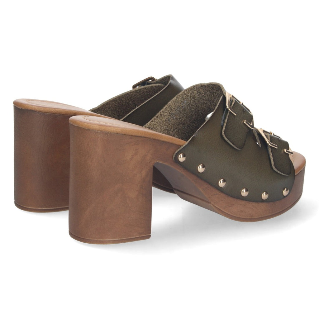 Sandalias Verdes Mujer Tacón Madera Palas Hebillas Remaches