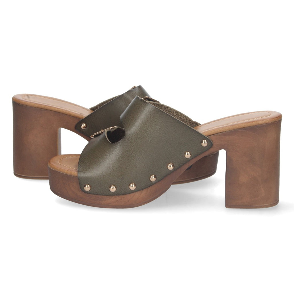 Sandalias Verdes Mujer Tacón Madera Palas Hebillas Remaches