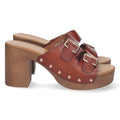 Sandalias Marrones Mujer Tacón Madera Palas Hebillas Remaches