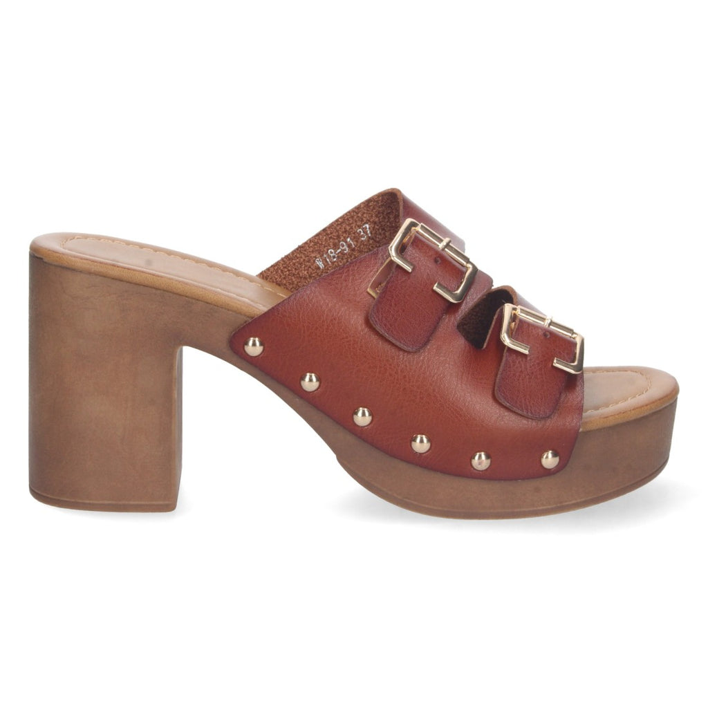 Sandalias Marrones Mujer Tacón Madera Palas Hebillas Remaches