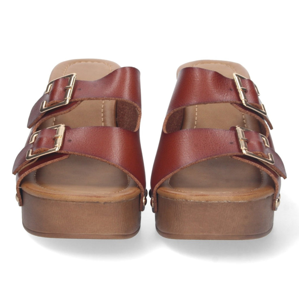 Sandalias Marrones Mujer Tacón Madera Palas Hebillas Remaches