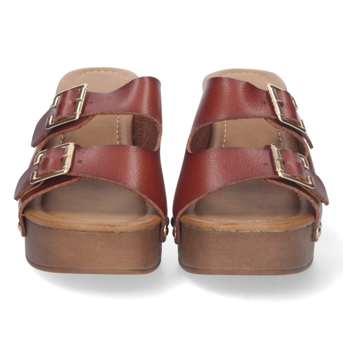 Sandalias Marrones Mujer Tacón Madera Palas Hebillas Remaches