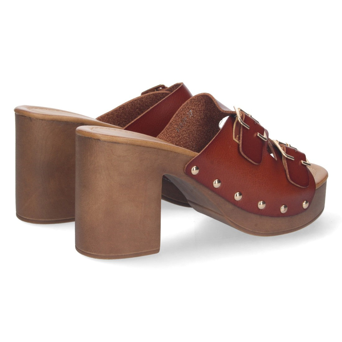 Sandalias Marrones Mujer Tacón Madera Palas Hebillas Remaches