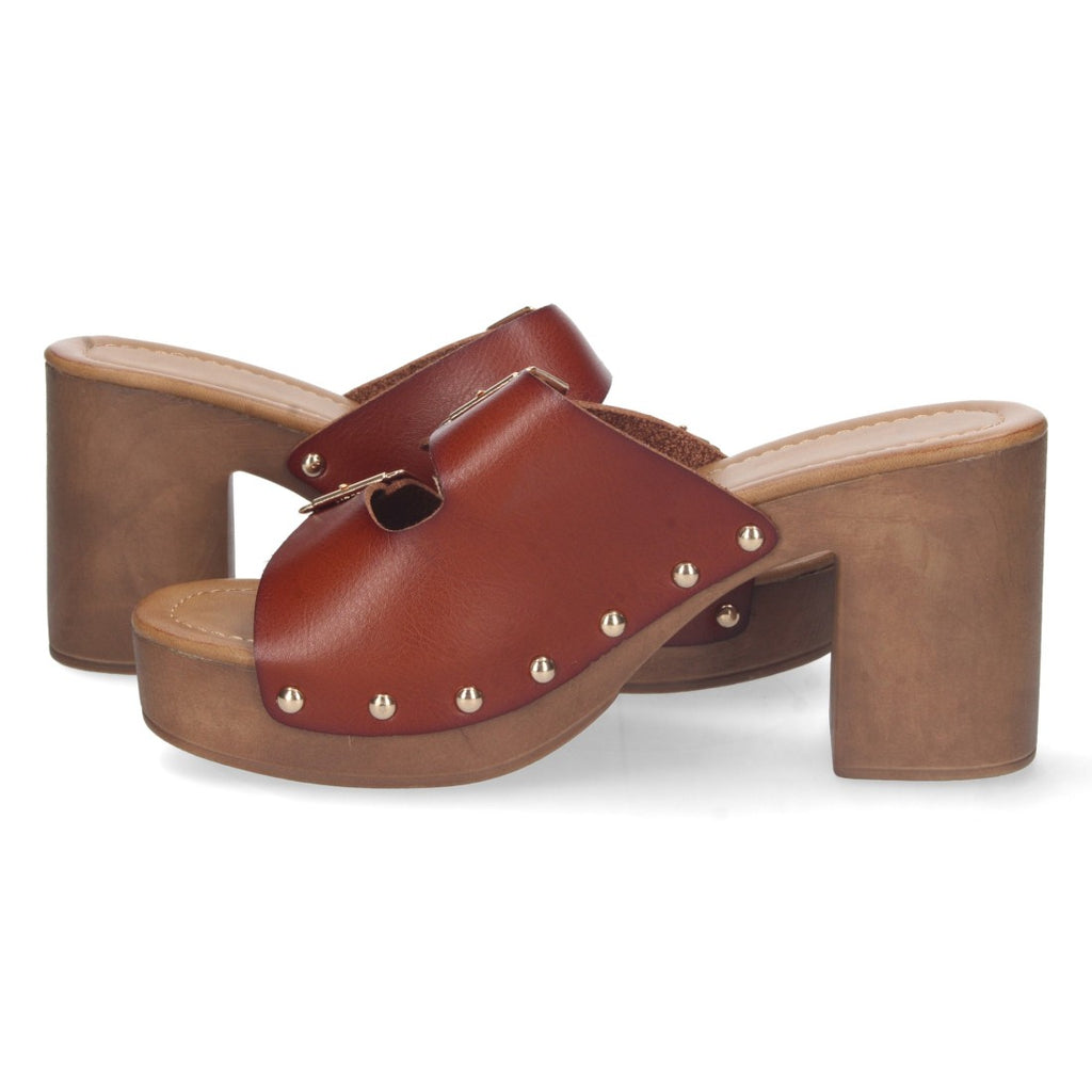 Sandalias Marrones Mujer Tacón Madera Palas Hebillas Remaches