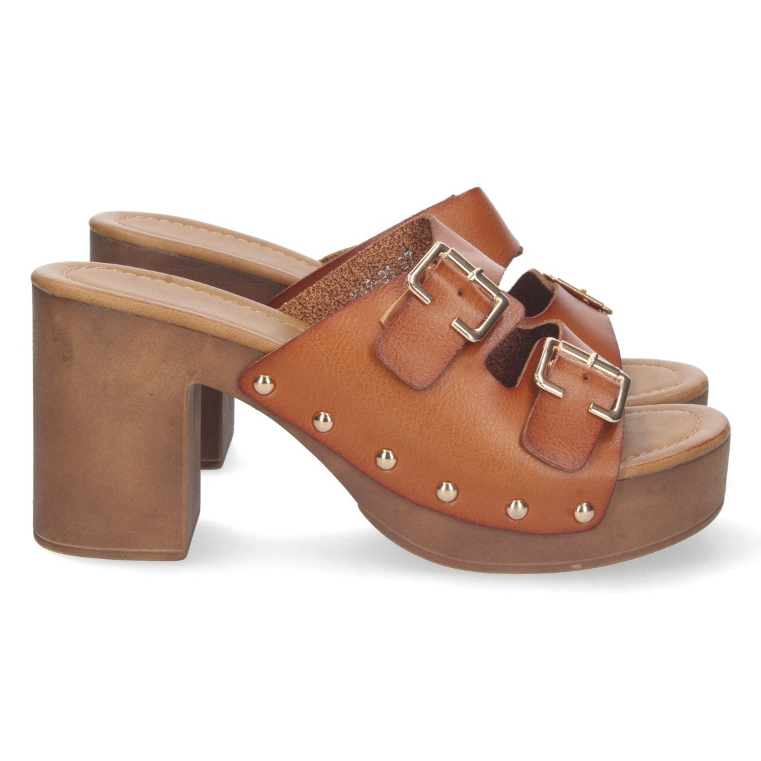 Sandalias Camel Mujer Tacón Madera Palas Hebillas Remaches