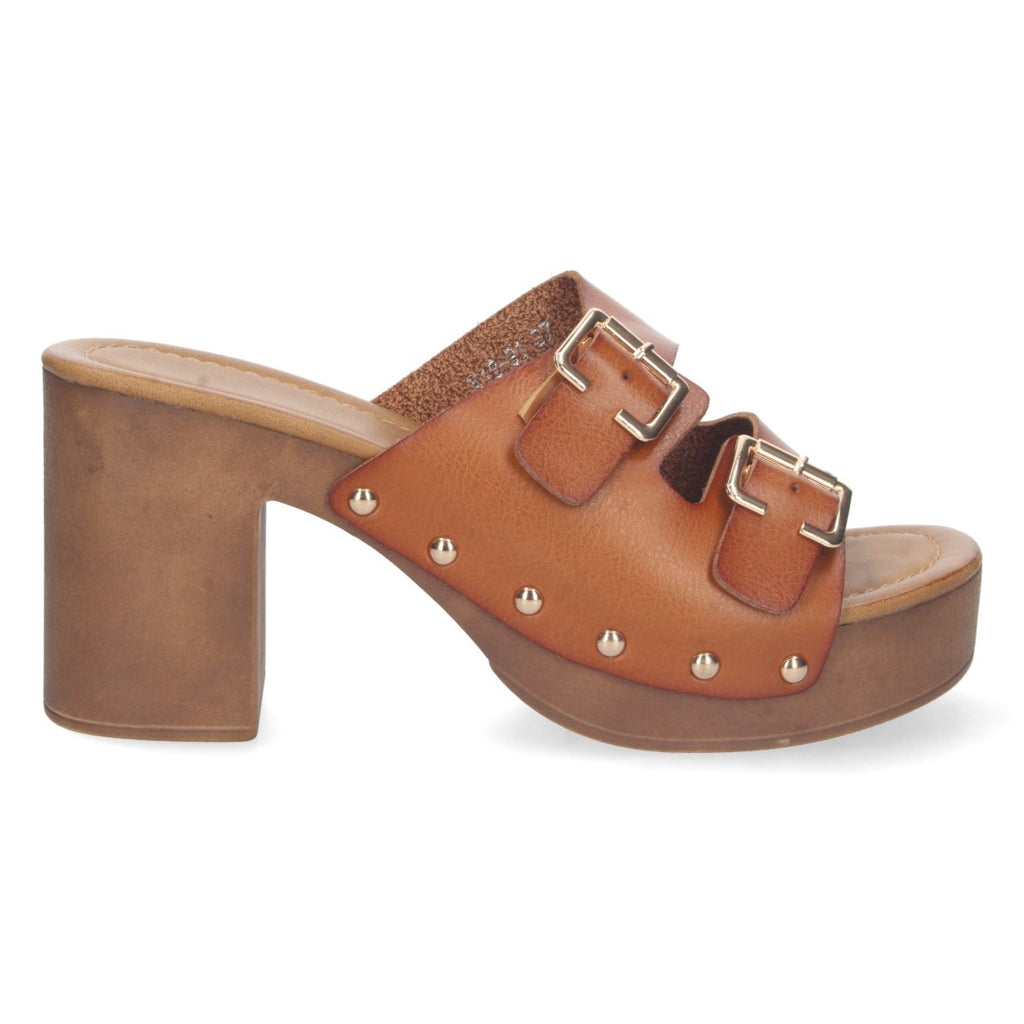 Sandalias Camel Mujer Tacón Madera Palas Hebillas Remaches
