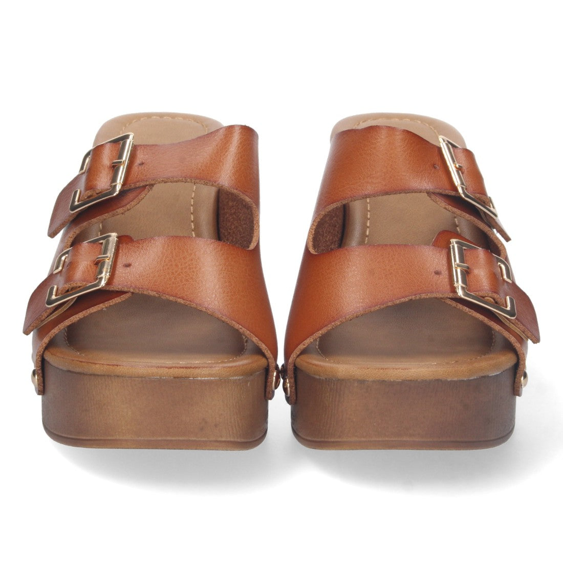 Sandalias Camel Mujer Tacón Madera Palas Hebillas Remaches