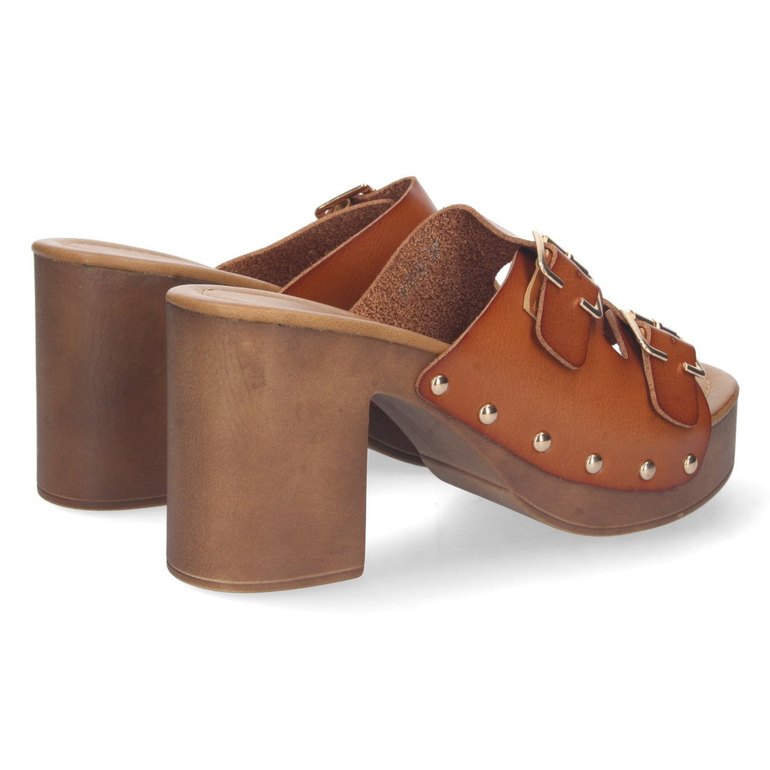 Sandalias Camel Mujer Tacón Madera Palas Hebillas Remaches