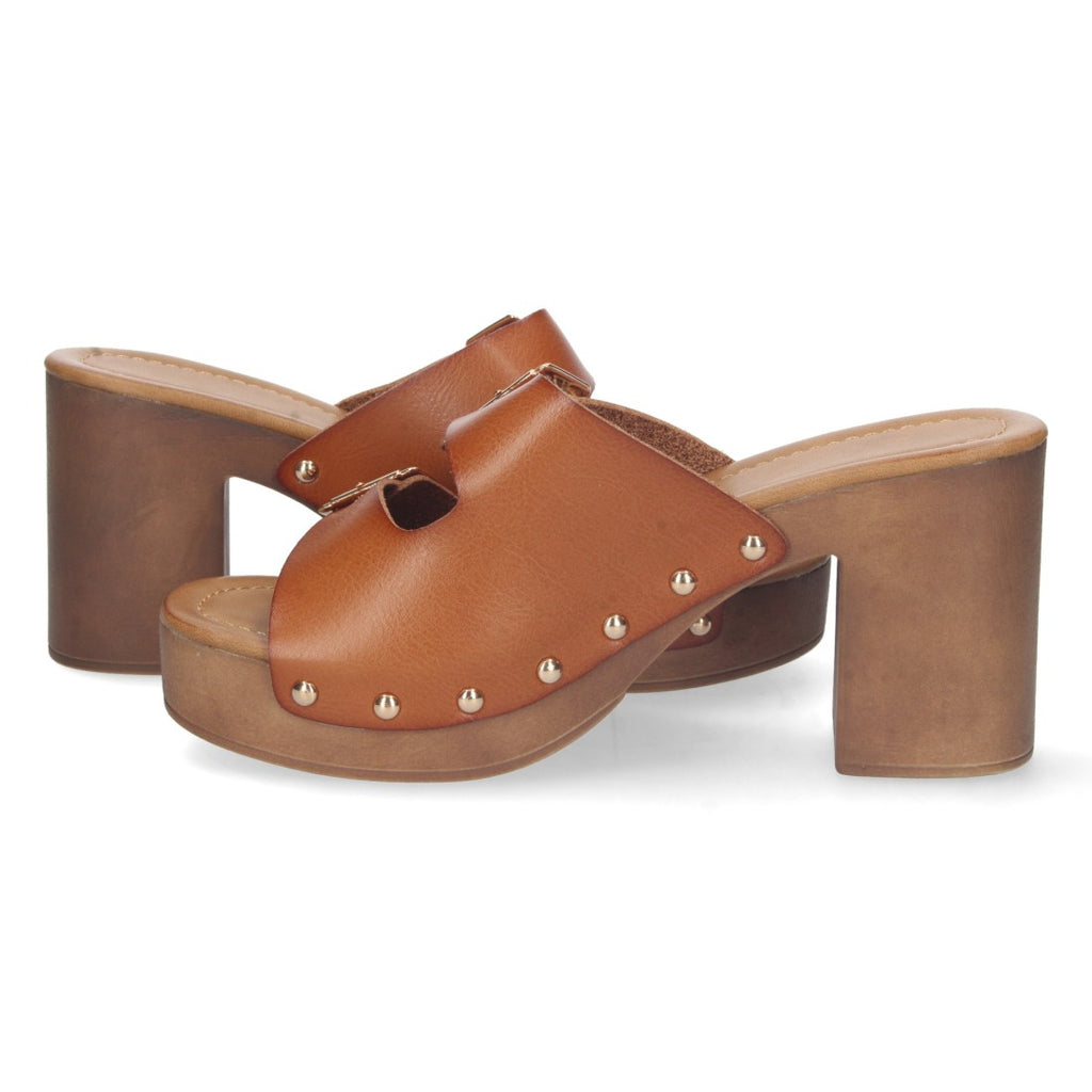 Sandalias Camel Mujer Tacón Madera Palas Hebillas Remaches
