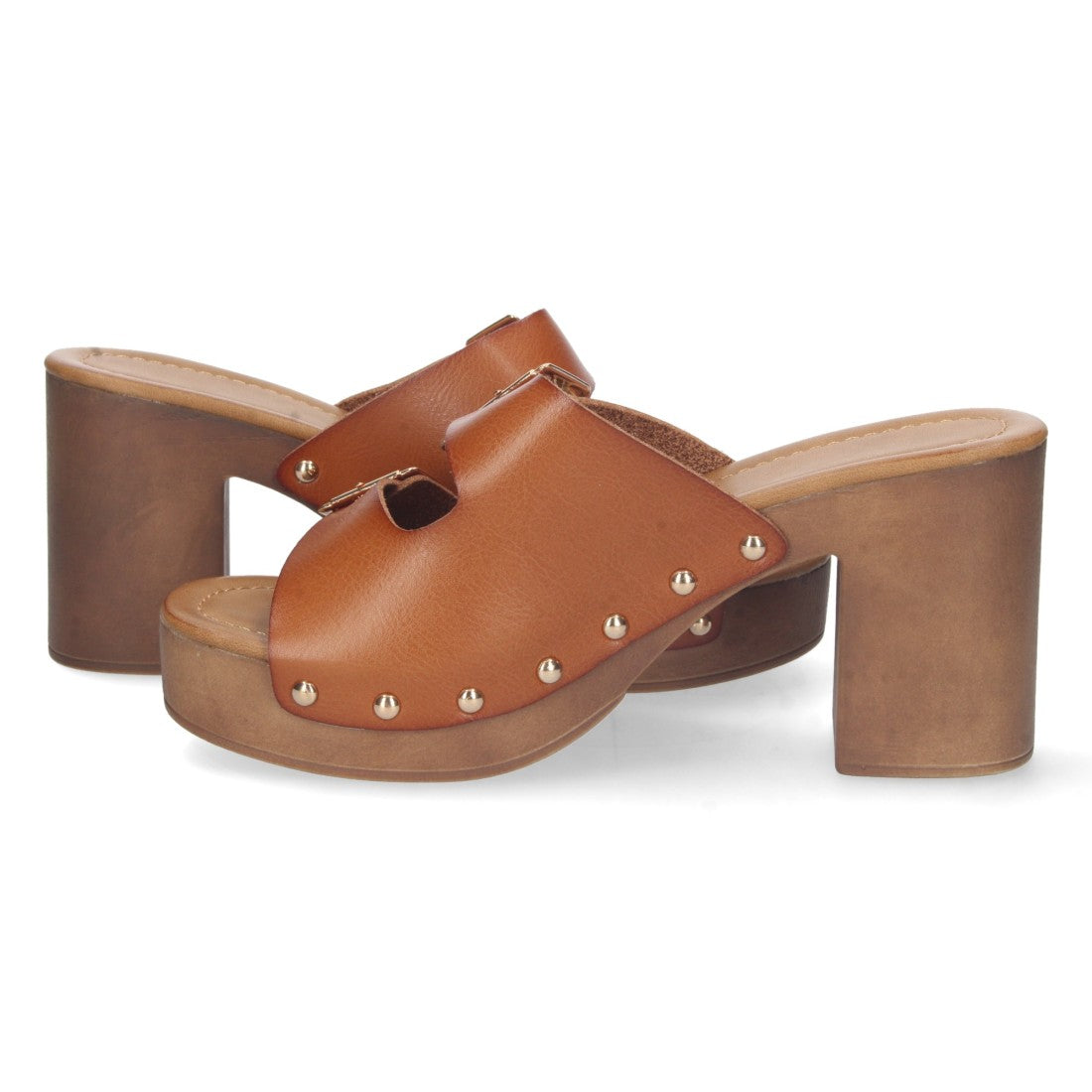 Sandalias Camel Mujer Tacón Madera Palas Hebillas Remaches