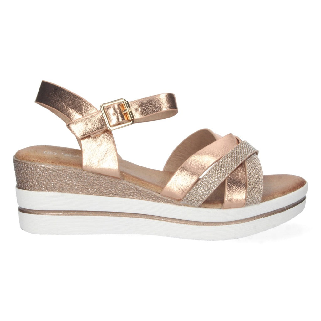 Sandalias Champán Mujer Cuña Palas Cruzadas Metalizado Cómodas