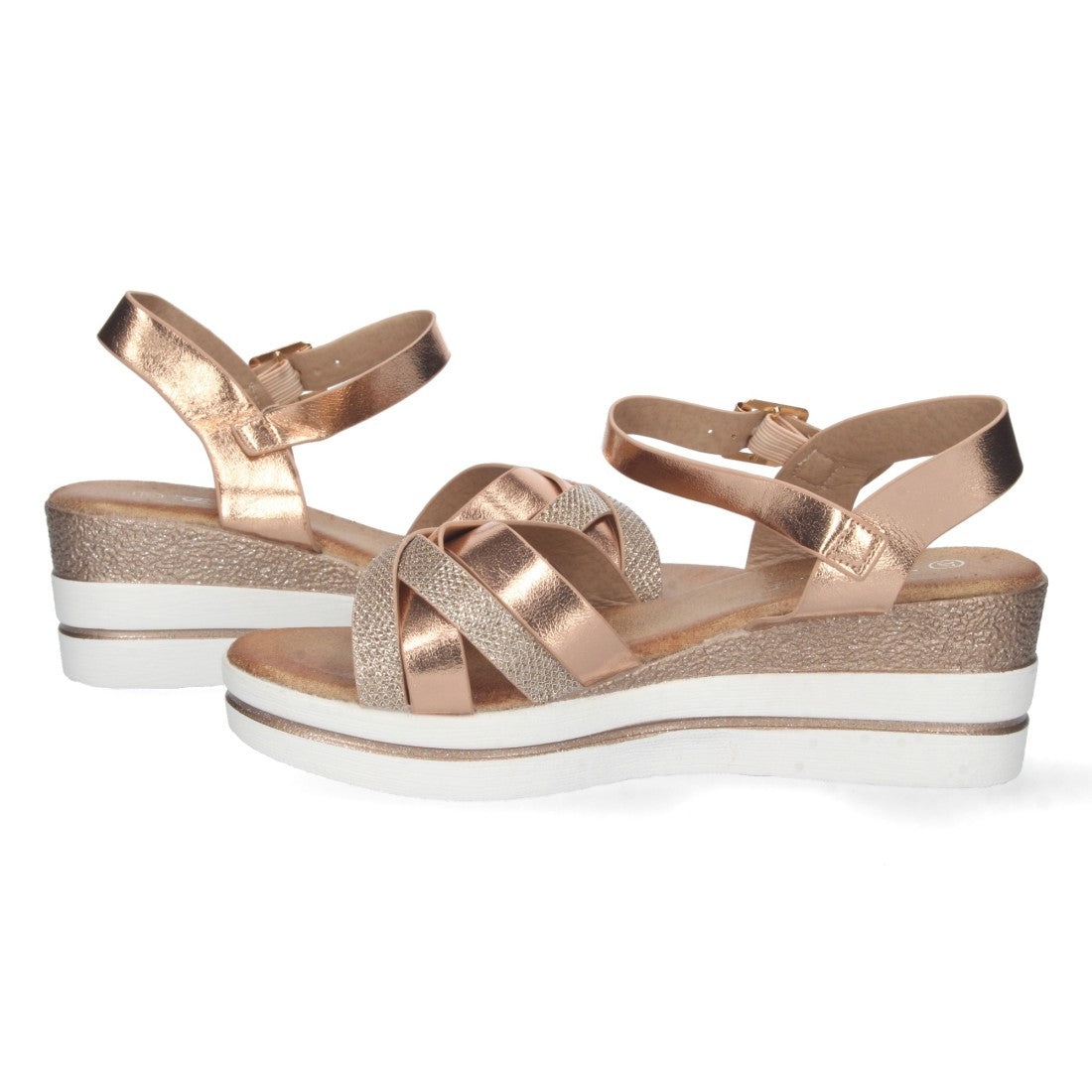 Sandalias Champán Mujer Cuña Palas Cruzadas Metalizado Cómodas