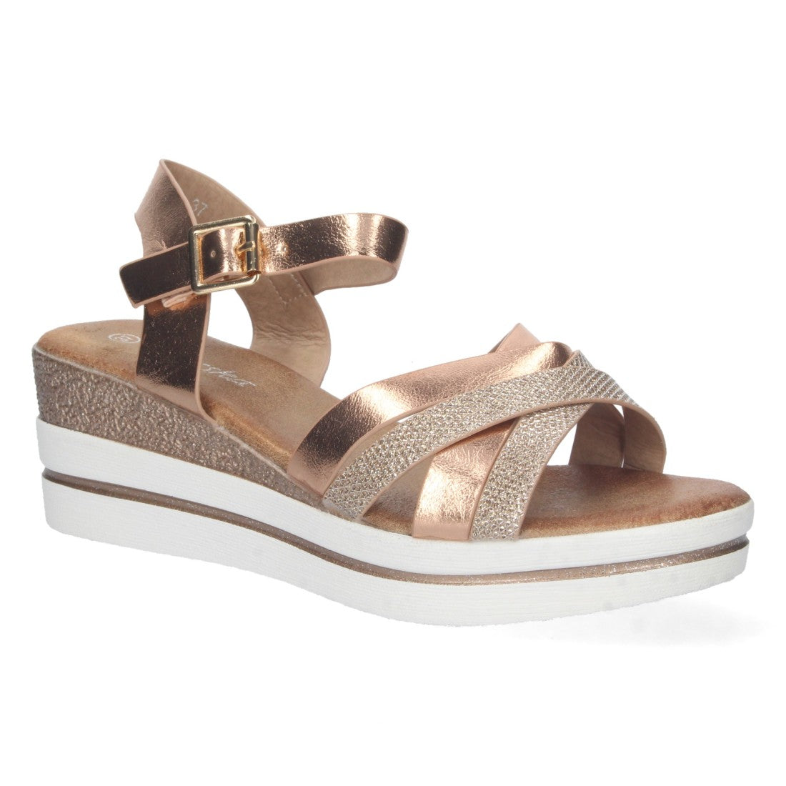 Sandalias Champán Mujer Cuña Palas Cruzadas Metalizado Cómodas