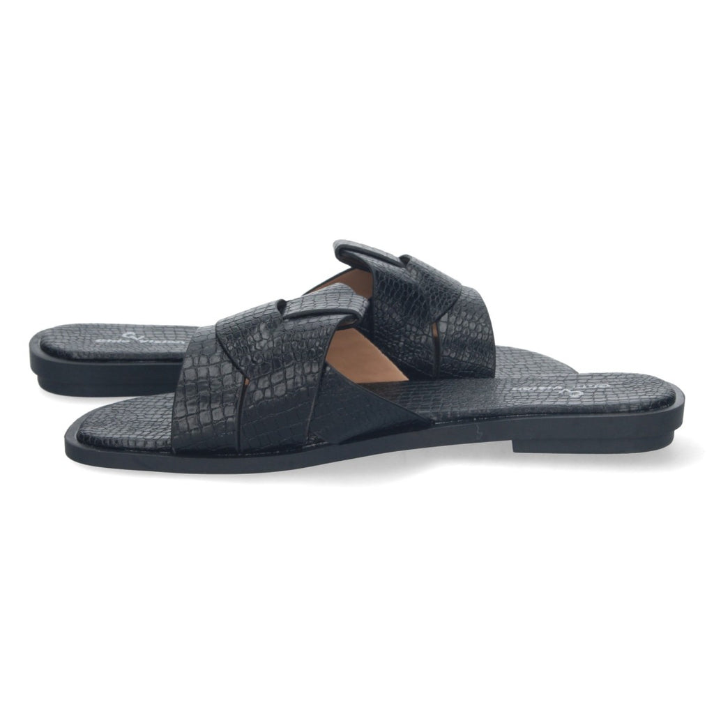 Sandalias Negras Mujer Planas Print Cocodrilo Tiras Cruzadas Elegantes