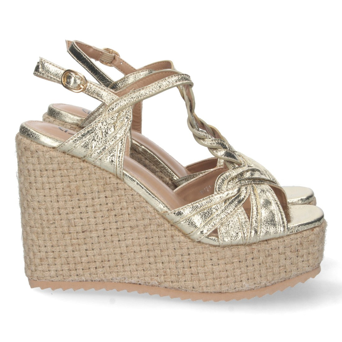 Sandalias Doradas Mujer Cuña Alta Rafia Pala T Cómodas