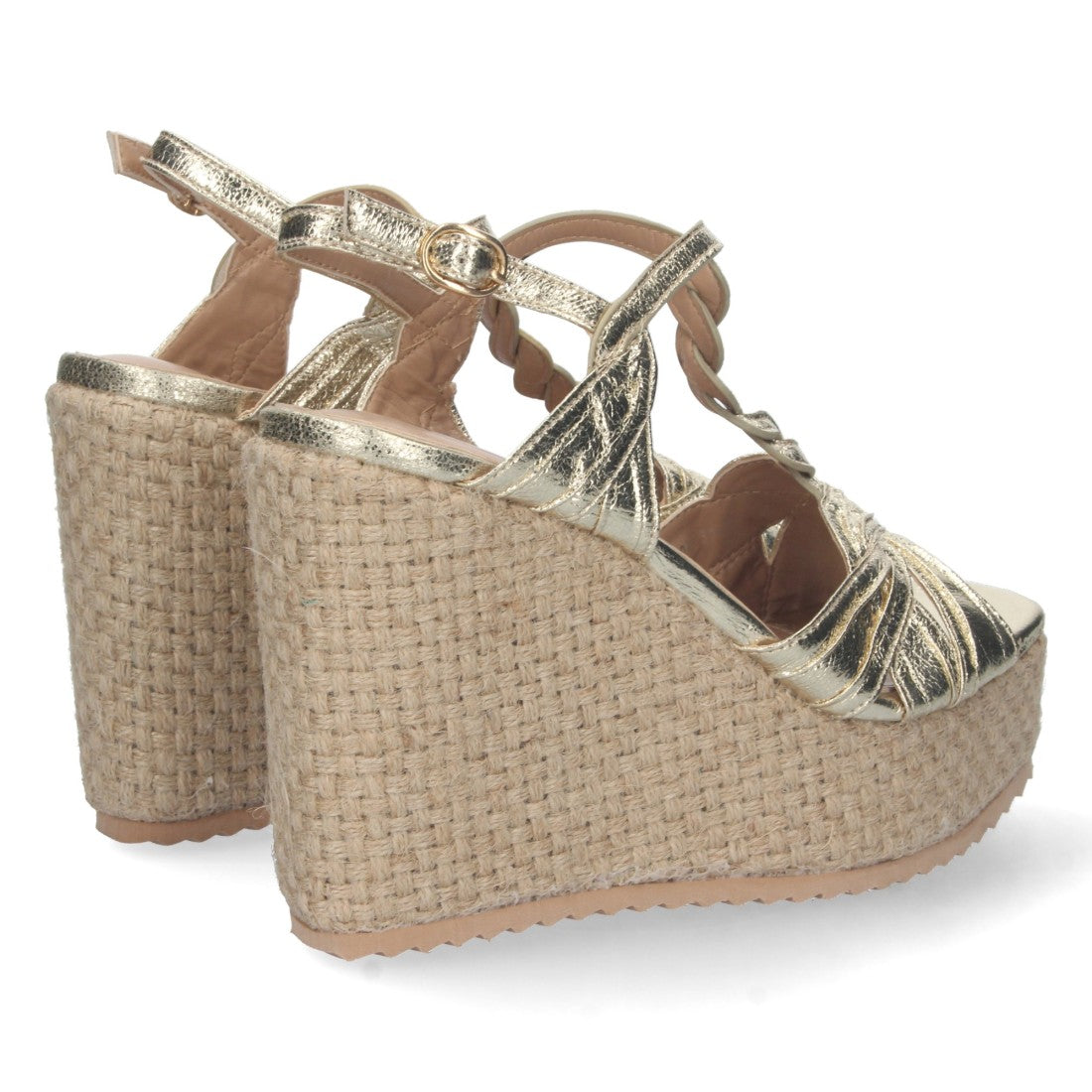 Sandalias Doradas Mujer Cuña Alta Rafia Pala T Cómodas