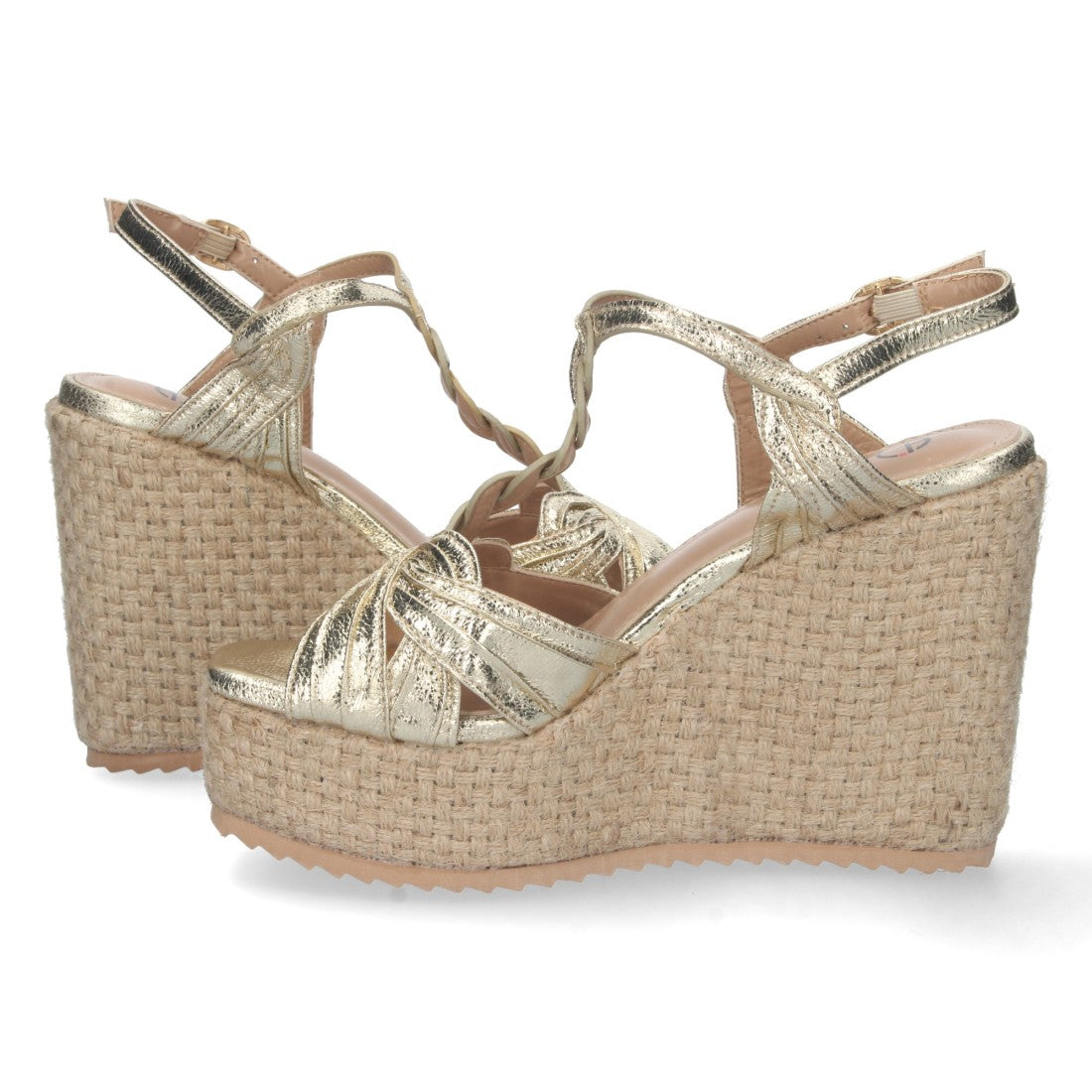 Sandalias Doradas Mujer Cuña Alta Rafia Pala T Cómodas