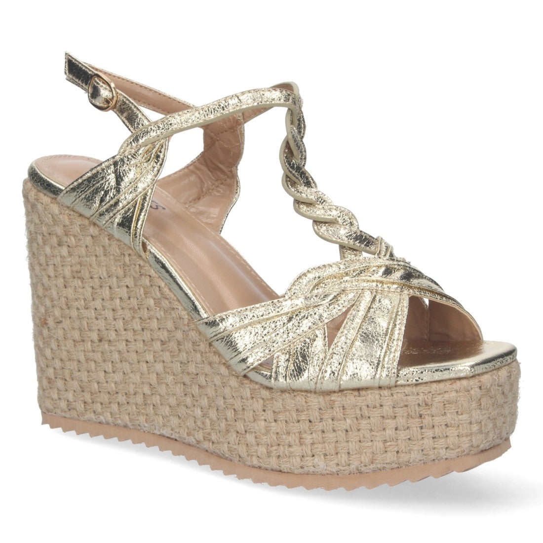 Sandalias Doradas Mujer Cuña Alta Rafia Pala T Cómodas