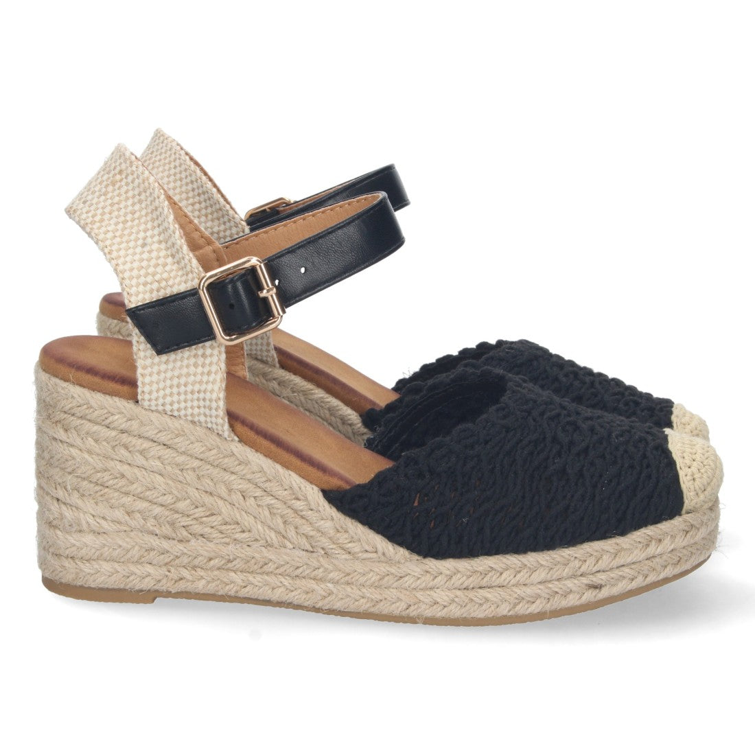Sandalias Negras Mujer Cuña Pala Entrelazada Cerrada Forro Yute Elegantes