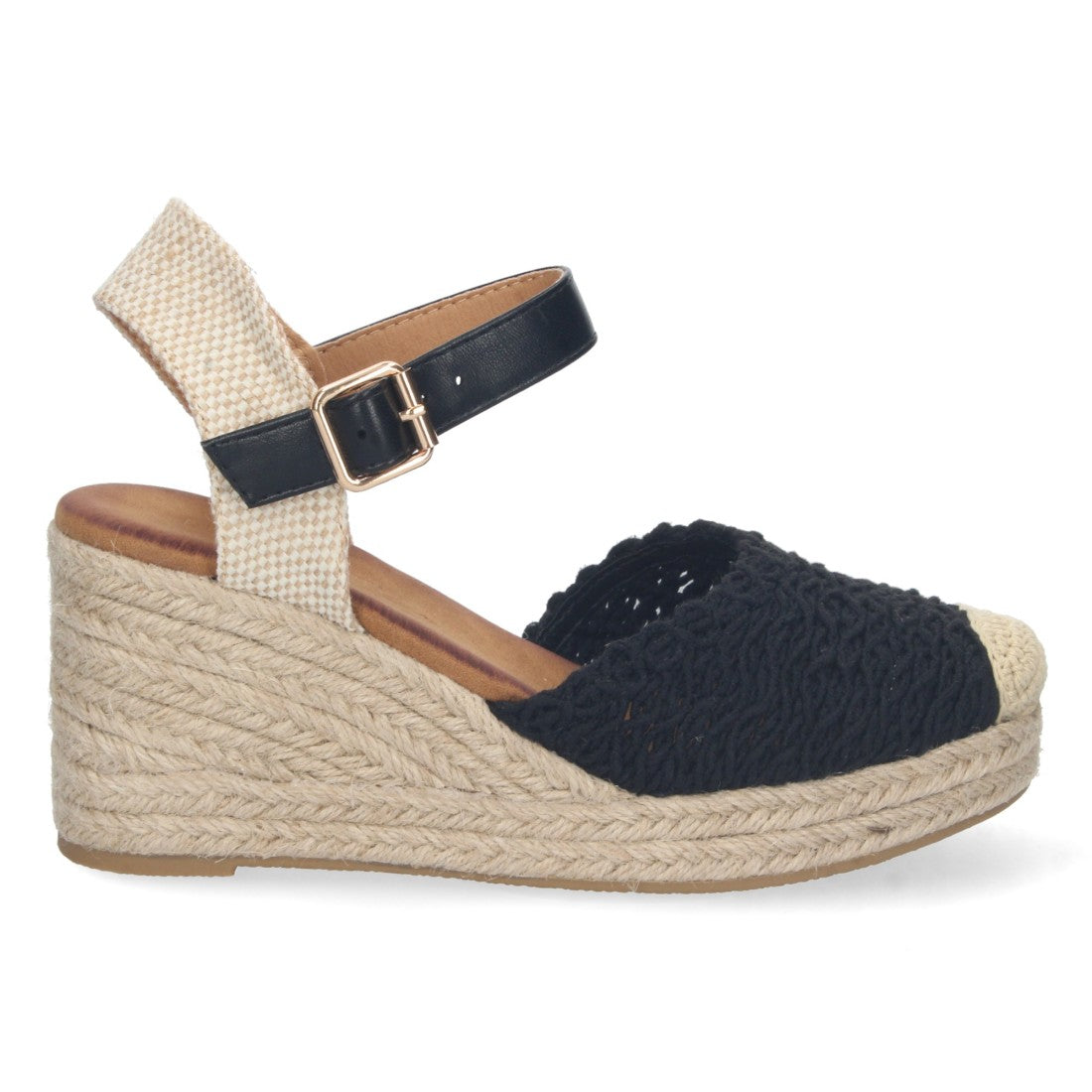 Sandalias Negras Mujer Cuña Pala Entrelazada Cerrada Forro Yute Elegantes