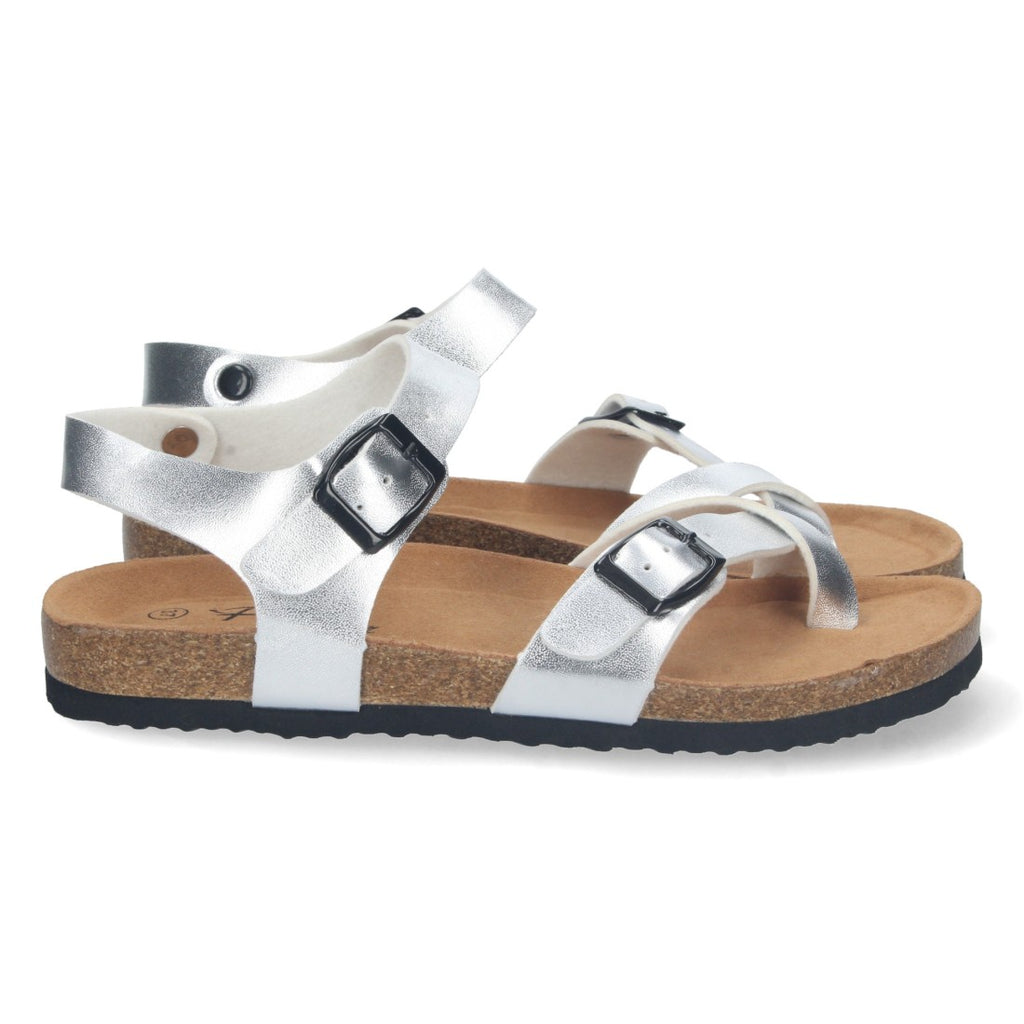 Sandalias Plateadas Mujer Planas Bio Estilo Esclava Tiras Cruzadas Hebilla Elegantes