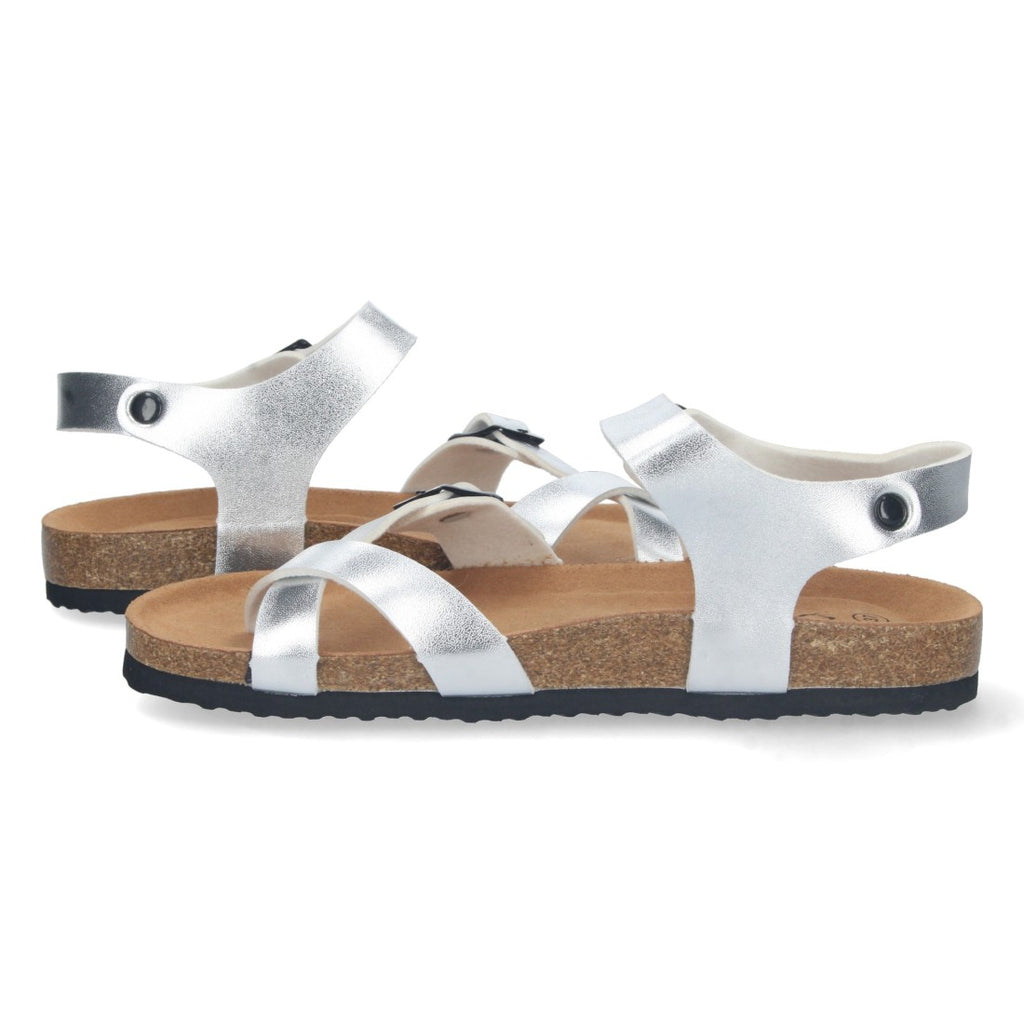 Sandalias Plateadas Mujer Planas Bio Estilo Esclava Tiras Cruzadas Hebilla Elegantes