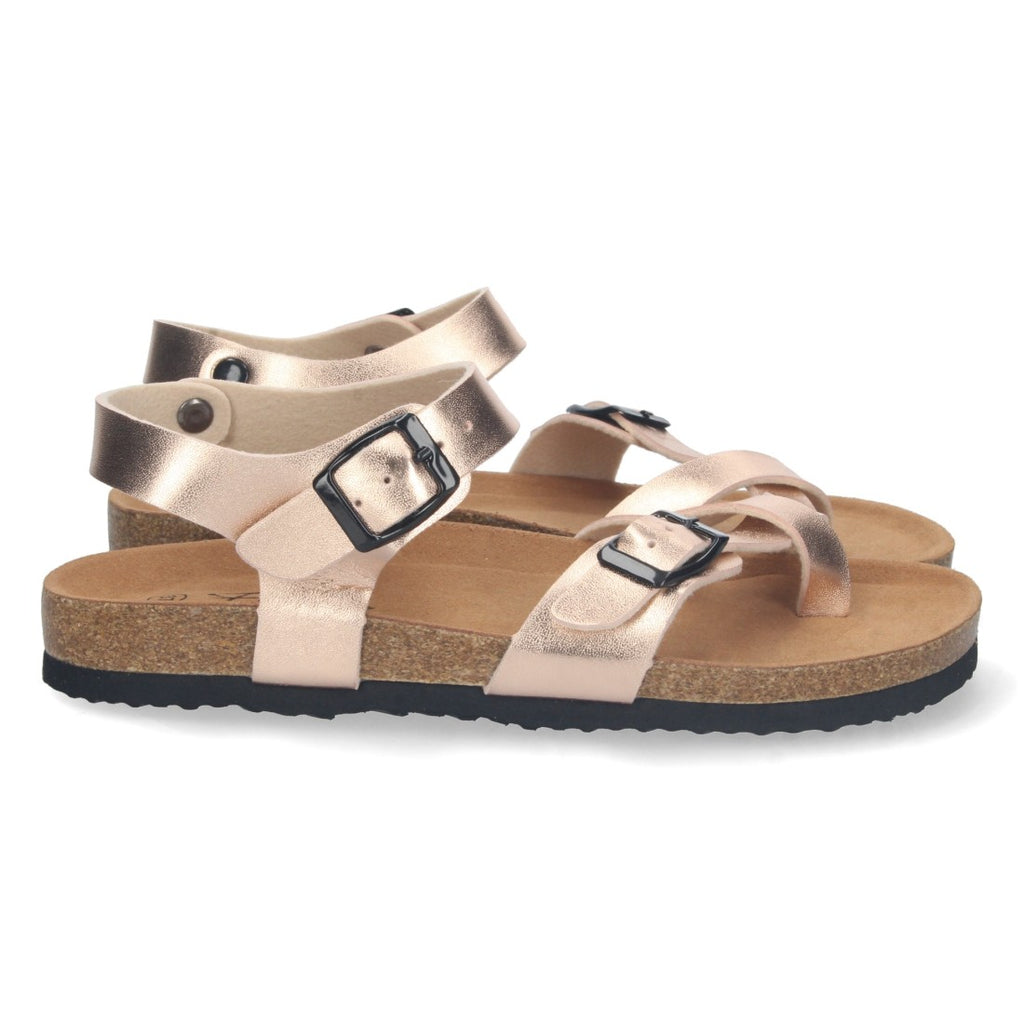 Sandalias Champán Mujer Planas Bio Estilo Esclava Tiras Cruzadas Hebilla Elegantes