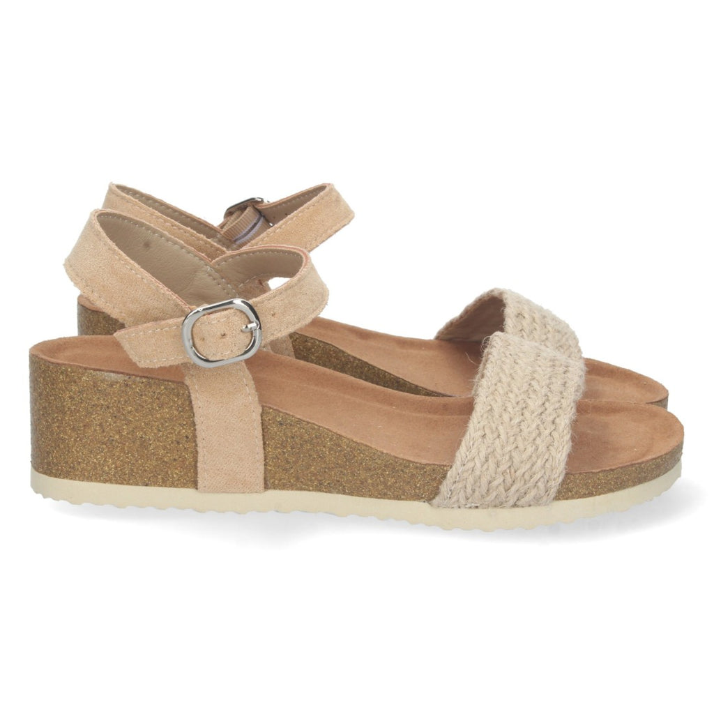 Sandalias Beige Mujer Cuña Bio Tira Yute Hebilla Tobillo Elegantes