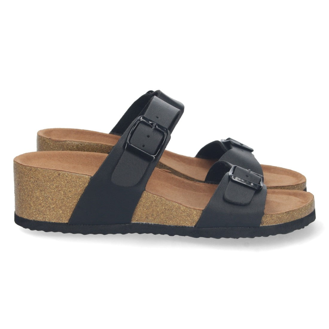 Sandalias Negras Mujer Cuña Bio Hebillas Ajustables Talón Abierto Elegantes