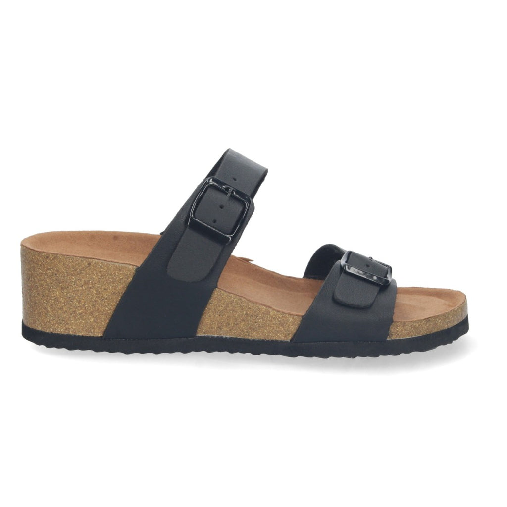 Sandalias Negras Mujer Cuña Bio Hebillas Ajustables Talón Abierto Elegantes